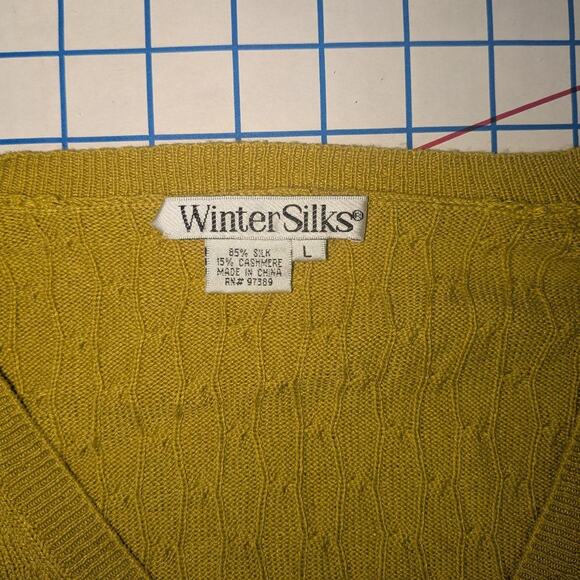 WinterSilks Silk-Cashmere Sweater, Size L, Chartreuse Cable Knit - Picture 3 of 6